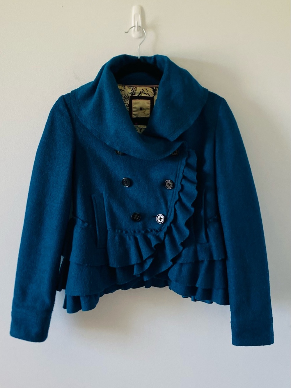 Anthropologie Elevenses Teal Frilled Echelons Ruffle Wool Blend Pea Coat Size 2